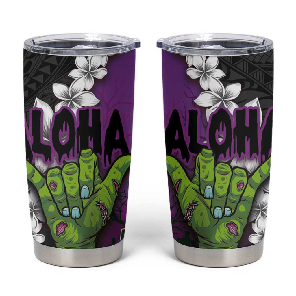 Hawaiian Halloween Tumbler Cup Horror Shaka Hand with Plumeria and Polynesian Tattoo Midnight Color