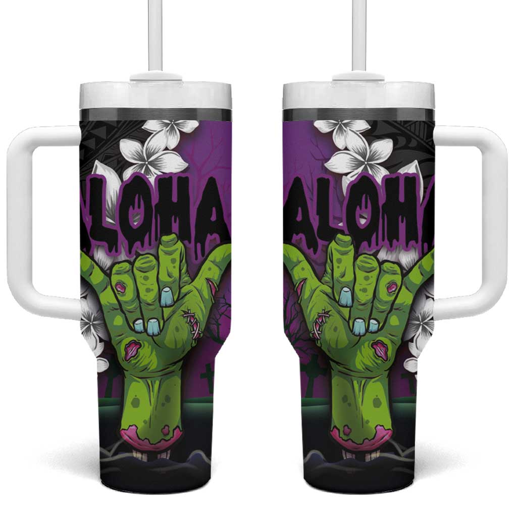 Hawaiian Halloween Tumbler With Handle Horror Shaka Hand with Plumeria and Polynesian Tattoo Midnight Color