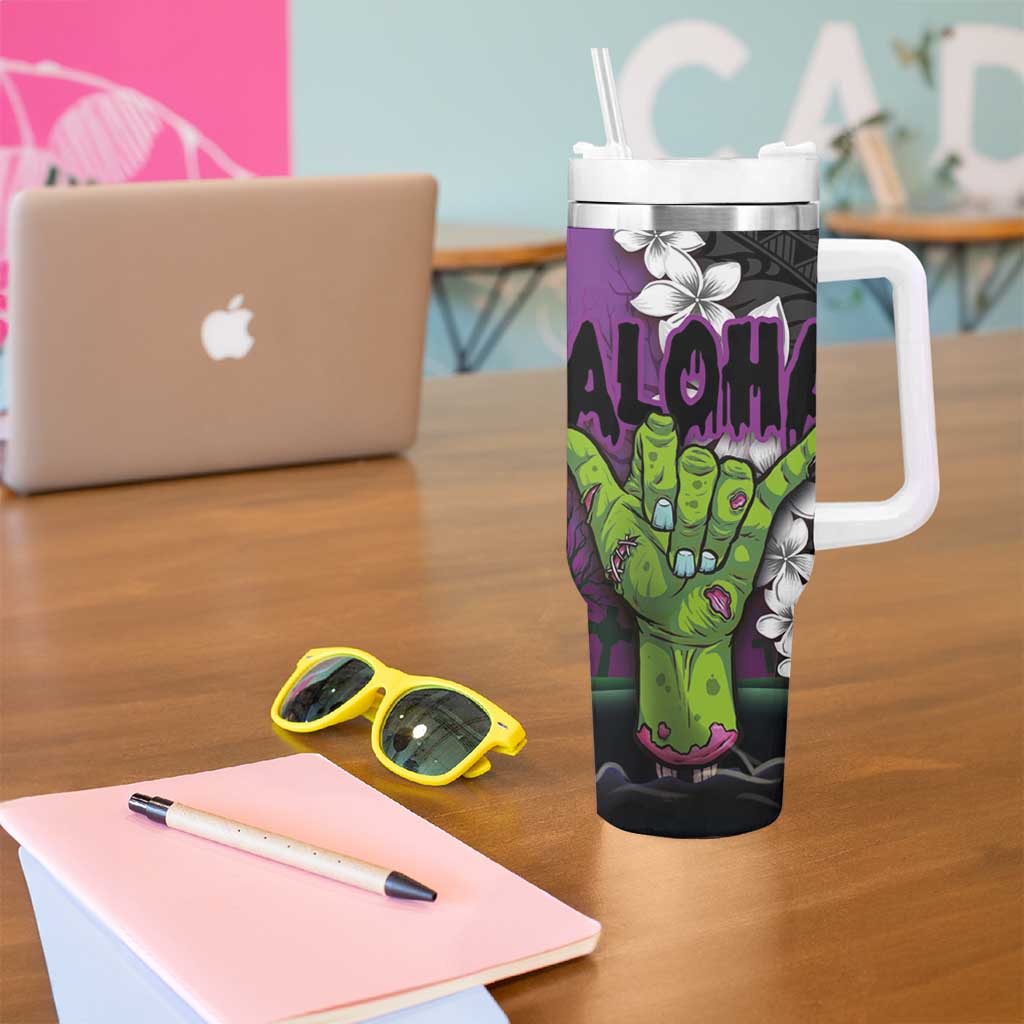 Hawaiian Halloween Tumbler With Handle Horror Shaka Hand with Plumeria and Polynesian Tattoo Midnight Color