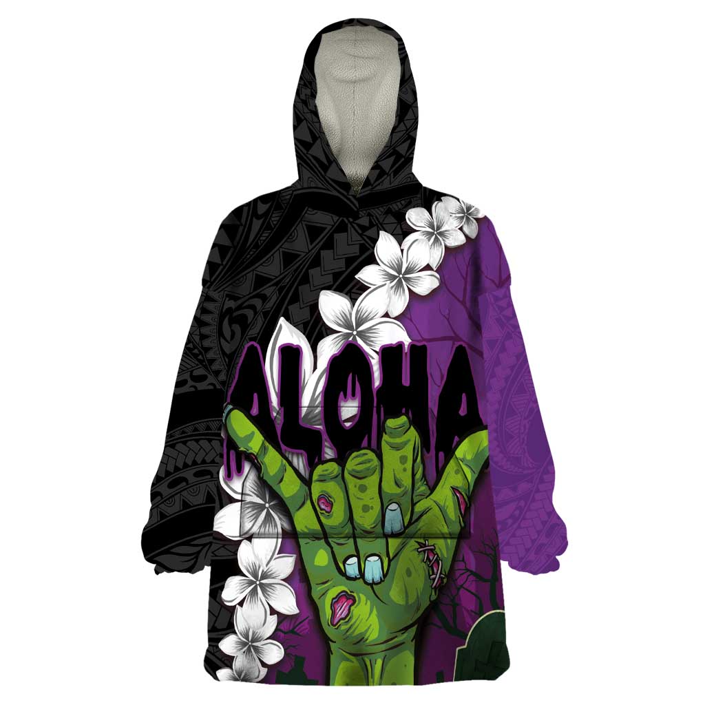 Hawaiian Halloween Wearable Blanket Hoodie Horror Shaka Hand with Plumeria and Polynesian Tattoo Midnight Color