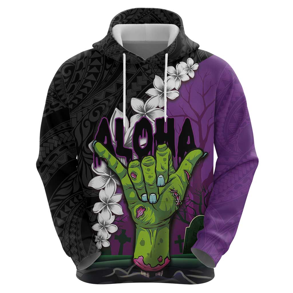 Hawaiian Halloween Zip Hoodie Horror Shaka Hand with Plumeria and Polynesian Tattoo Midnight Color