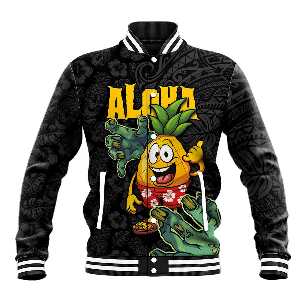 Hawaiian Halloween Baseball Jacket Aloha Pinapple with Mysterious Hands and Polynesian Tribal Tattoo