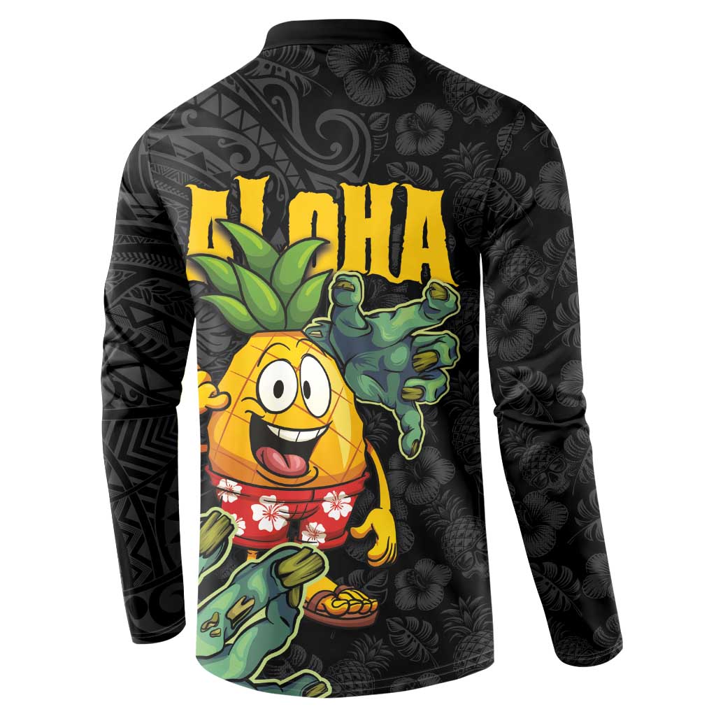 Hawaiian Halloween Button Sweatshirt Aloha Pinapple with Mysterious Hands and Polynesian Tribal Tattoo
