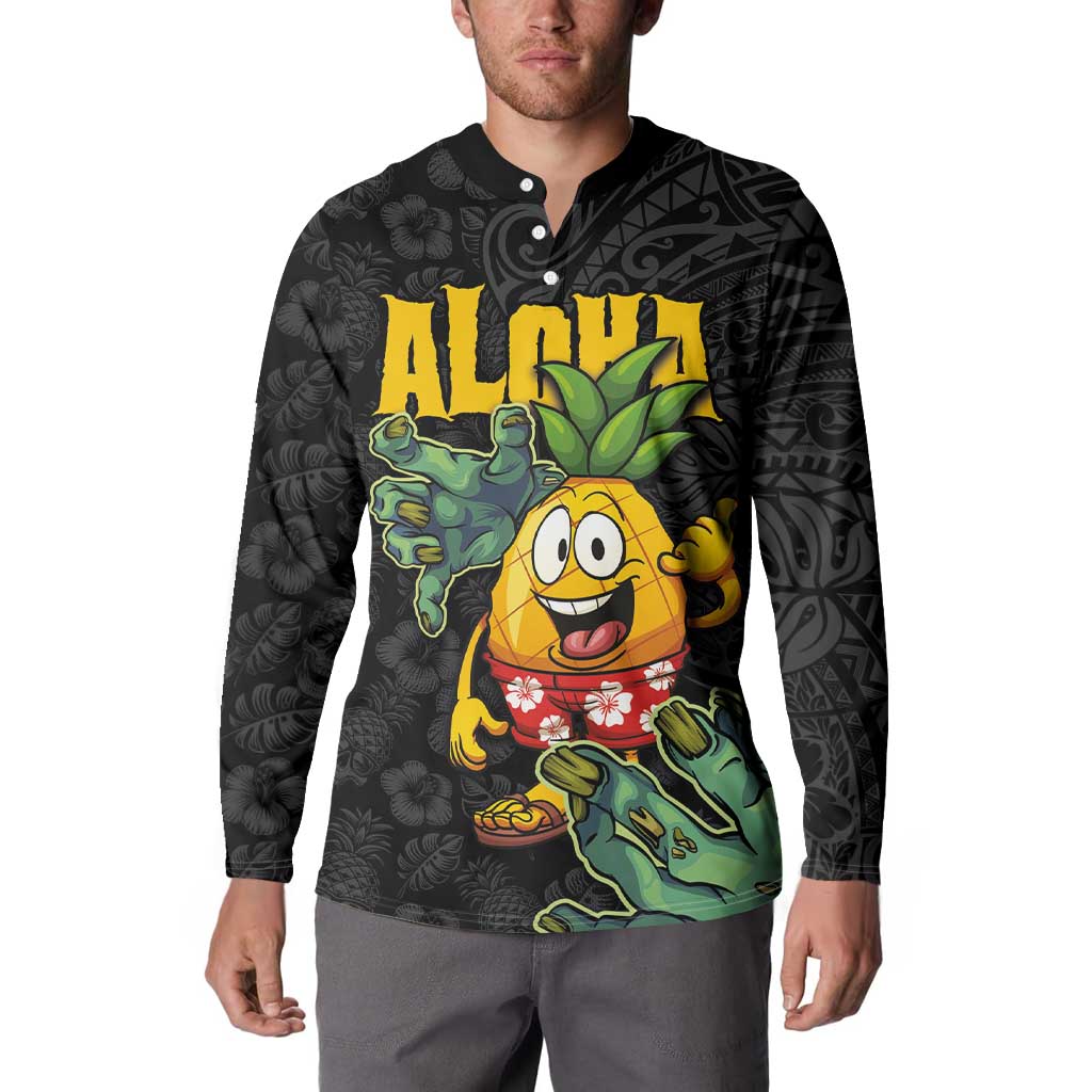 Hawaiian Halloween Button Sweatshirt Aloha Pinapple with Mysterious Hands and Polynesian Tribal Tattoo