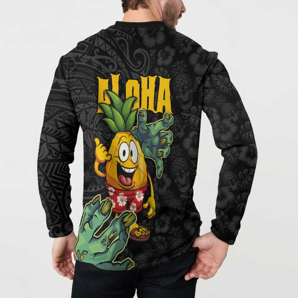 Hawaiian Halloween Button Sweatshirt Aloha Pinapple with Mysterious Hands and Polynesian Tribal Tattoo