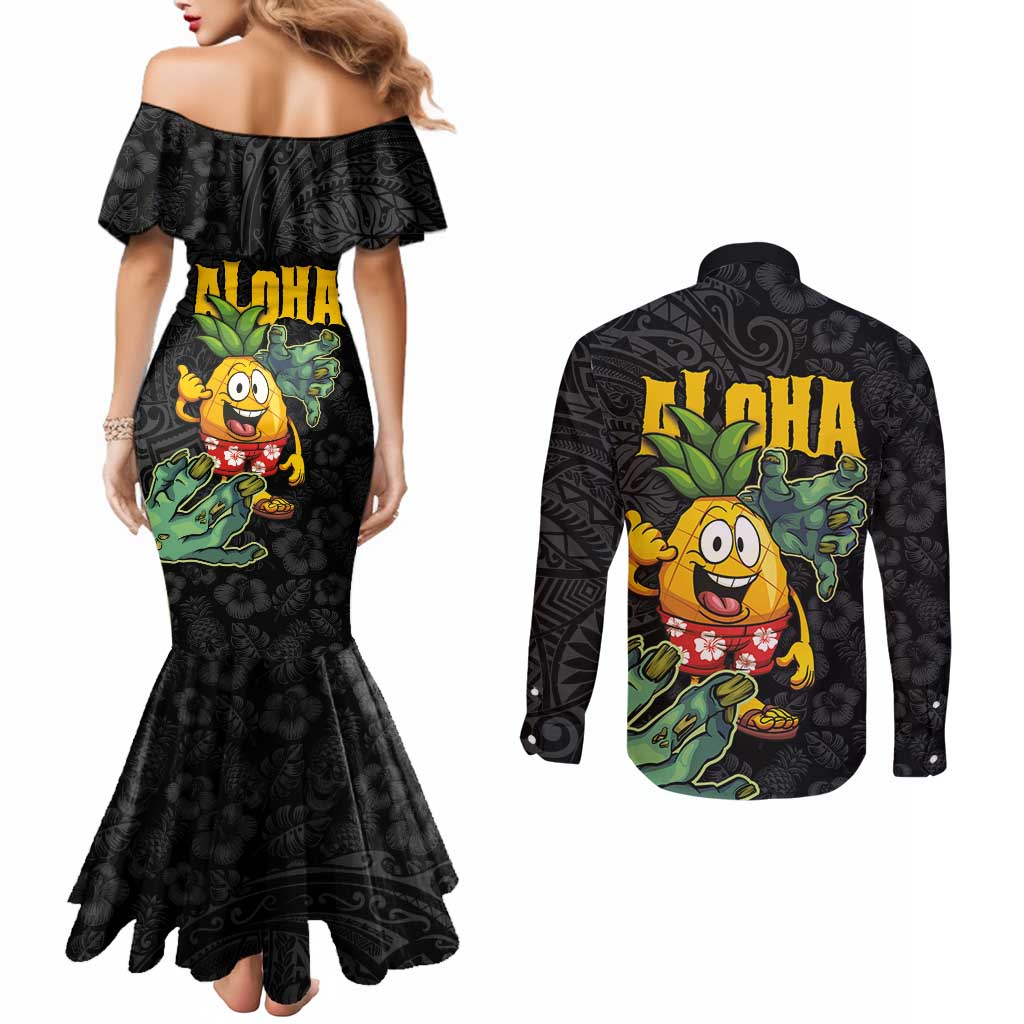 Hawaiian Halloween Couples Matching Mermaid Dress and Long Sleeve Button Shirt Aloha Pinapple with Mysterious Hands and Polynesian Tribal Tattoo