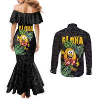 Hawaiian Halloween Couples Matching Mermaid Dress and Long Sleeve Button Shirt Aloha Pinapple with Mysterious Hands and Polynesian Tribal Tattoo