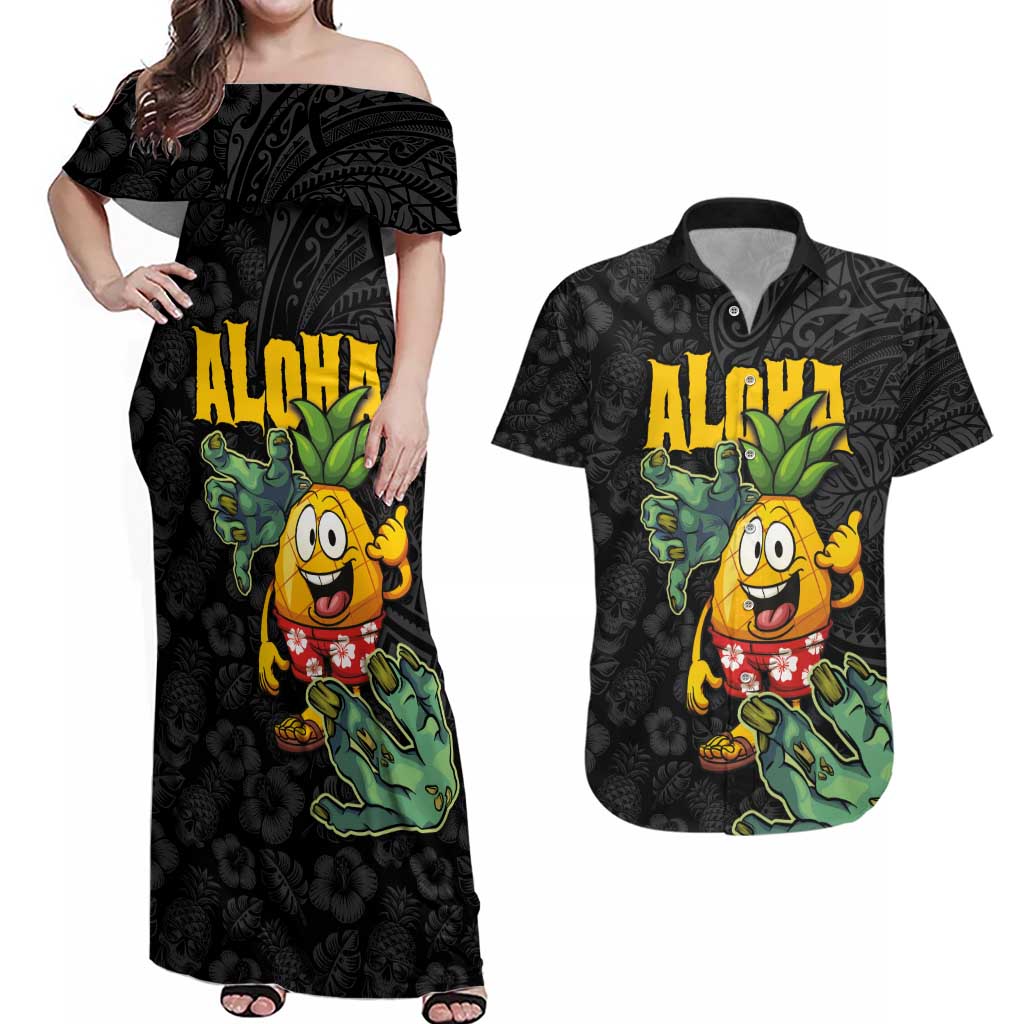 Hawaiian Halloween Couples Matching Off Shoulder Maxi Dress and Hawaiian Shirt Aloha Pinapple with Mysterious Hands and Polynesian Tribal Tattoo