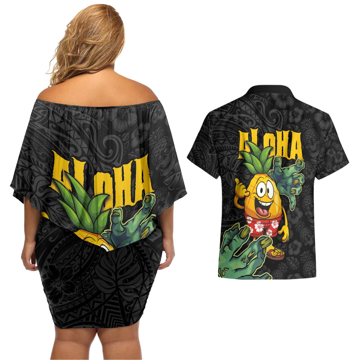 Hawaiian Halloween Couples Matching Off Shoulder Short Dress and Hawaiian Shirt Aloha Pinapple with Mysterious Hands and Polynesian Tribal Tattoo