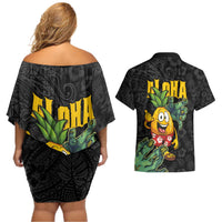 Hawaiian Halloween Couples Matching Off Shoulder Short Dress and Hawaiian Shirt Aloha Pinapple with Mysterious Hands and Polynesian Tribal Tattoo