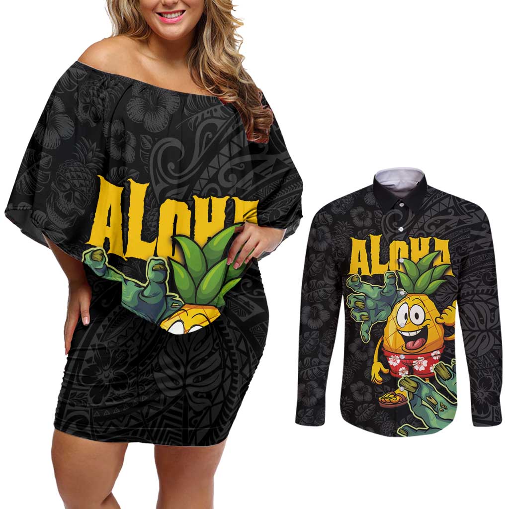 Hawaiian Halloween Couples Matching Off Shoulder Short Dress and Long Sleeve Button Shirt Aloha Pinapple with Mysterious Hands and Polynesian Tribal Tattoo