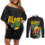 Hawaiian Halloween Couples Matching Off Shoulder Short Dress and Long Sleeve Button Shirt Aloha Pinapple with Mysterious Hands and Polynesian Tribal Tattoo