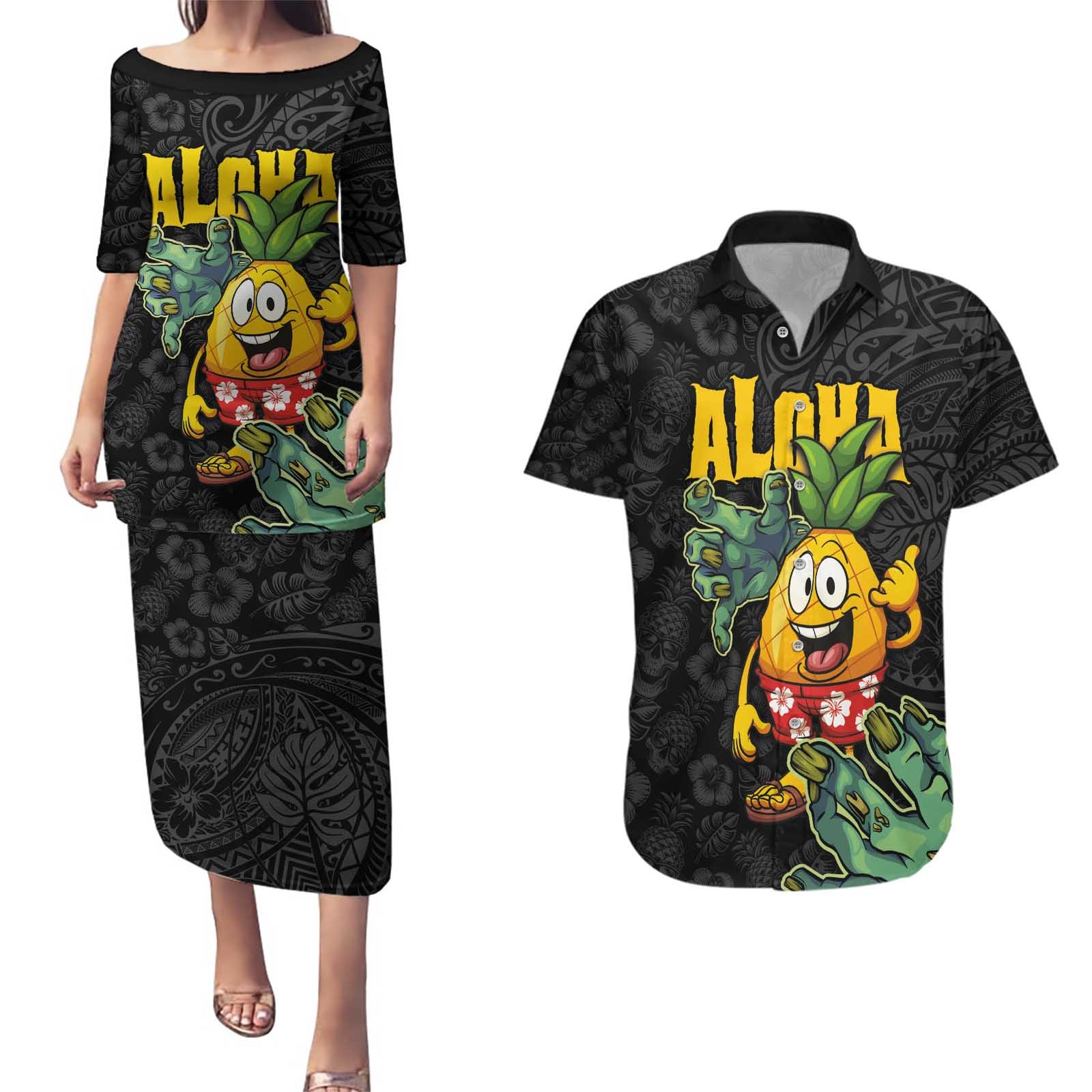 Hawaiian Halloween Couples Matching Puletasi and Hawaiian Shirt Aloha Pinapple with Mysterious Hands and Polynesian Tribal Tattoo