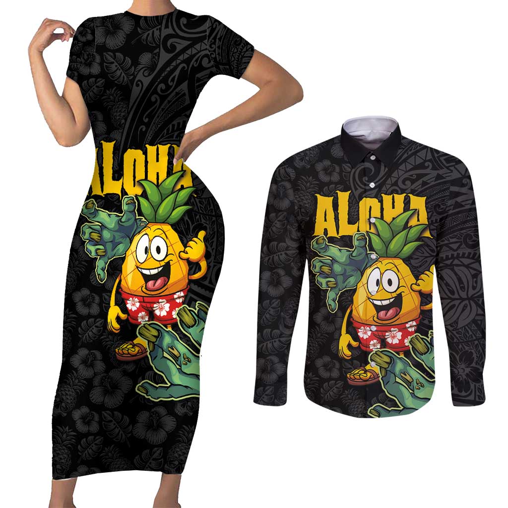Hawaiian Halloween Couples Matching Short Sleeve Bodycon Dress and Long Sleeve Button Shirt Aloha Pinapple with Mysterious Hands and Polynesian Tribal Tattoo
