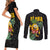 Hawaiian Halloween Couples Matching Short Sleeve Bodycon Dress and Long Sleeve Button Shirt Aloha Pinapple with Mysterious Hands and Polynesian Tribal Tattoo