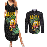Hawaiian Halloween Couples Matching Summer Maxi Dress and Long Sleeve Button Shirt Aloha Pinapple with Mysterious Hands and Polynesian Tribal Tattoo