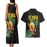 Hawaiian Halloween Couples Matching Tank Maxi Dress and Hawaiian Shirt Aloha Pinapple with Mysterious Hands and Polynesian Tribal Tattoo