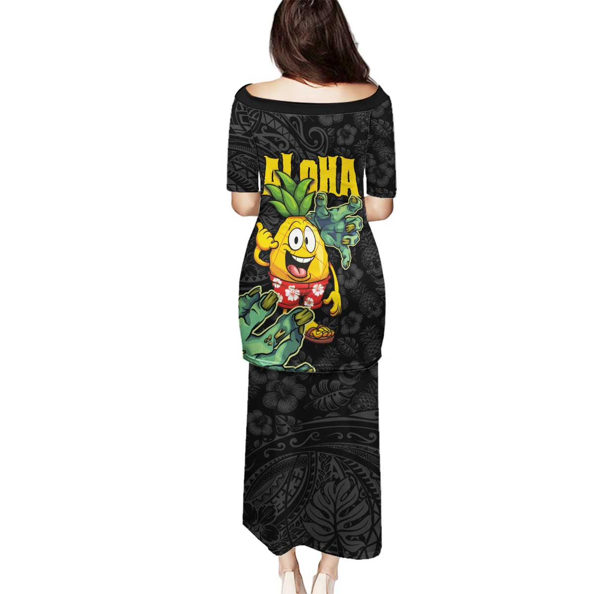 Hawaiian Halloween Family Matching Puletasi and Hawaiian Shirt Aloha Pinapple with Mysterious Hands and Polynesian Tribal Tattoo