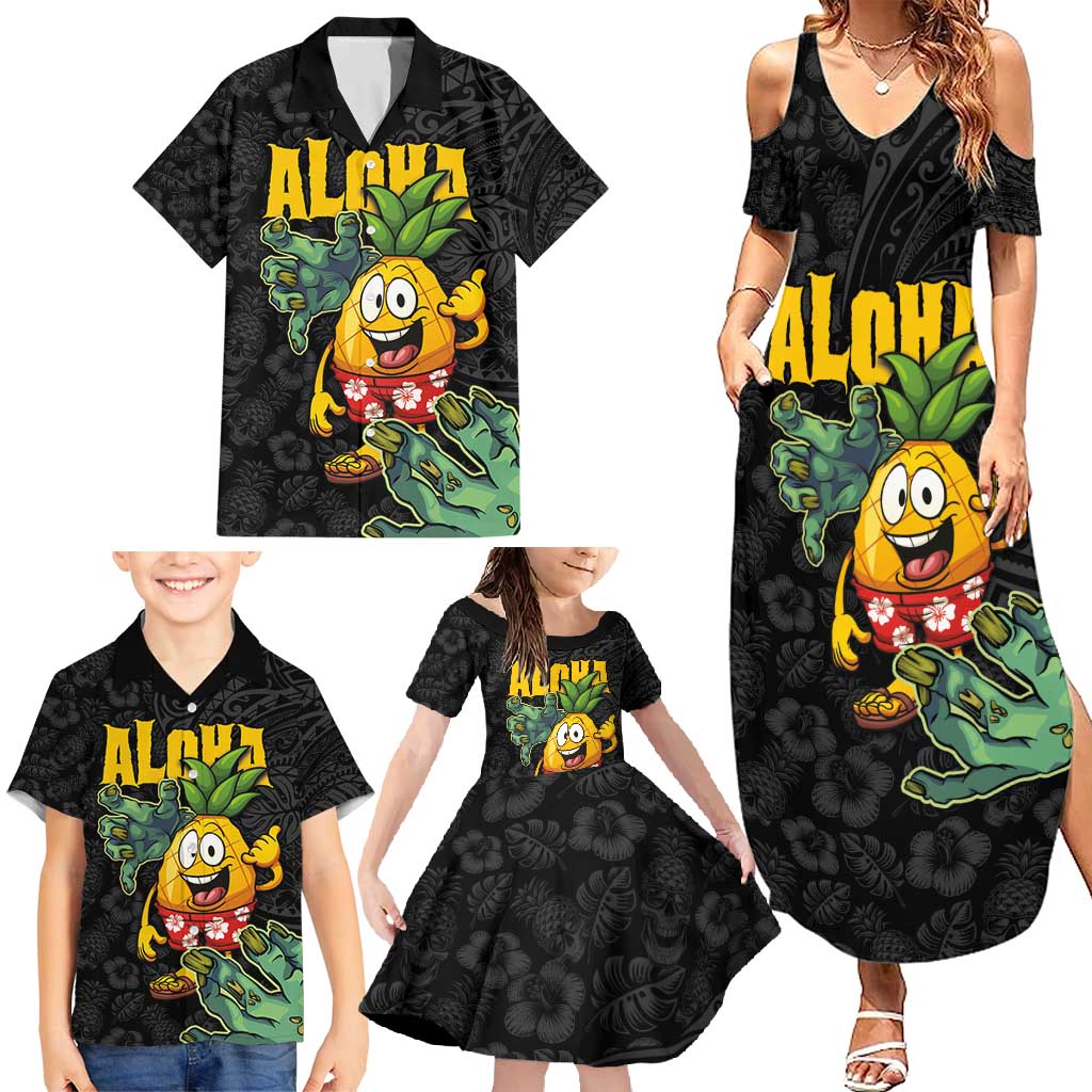 Hawaiian Halloween Family Matching Summer Maxi Dress and Hawaiian Shirt Aloha Pinapple with Mysterious Hands and Polynesian Tribal Tattoo