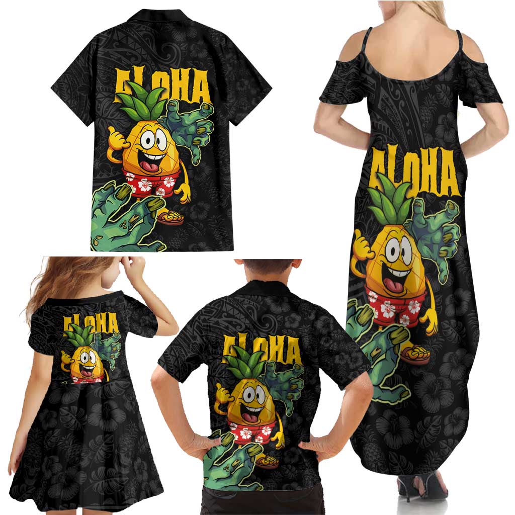 Hawaiian Halloween Family Matching Summer Maxi Dress and Hawaiian Shirt Aloha Pinapple with Mysterious Hands and Polynesian Tribal Tattoo