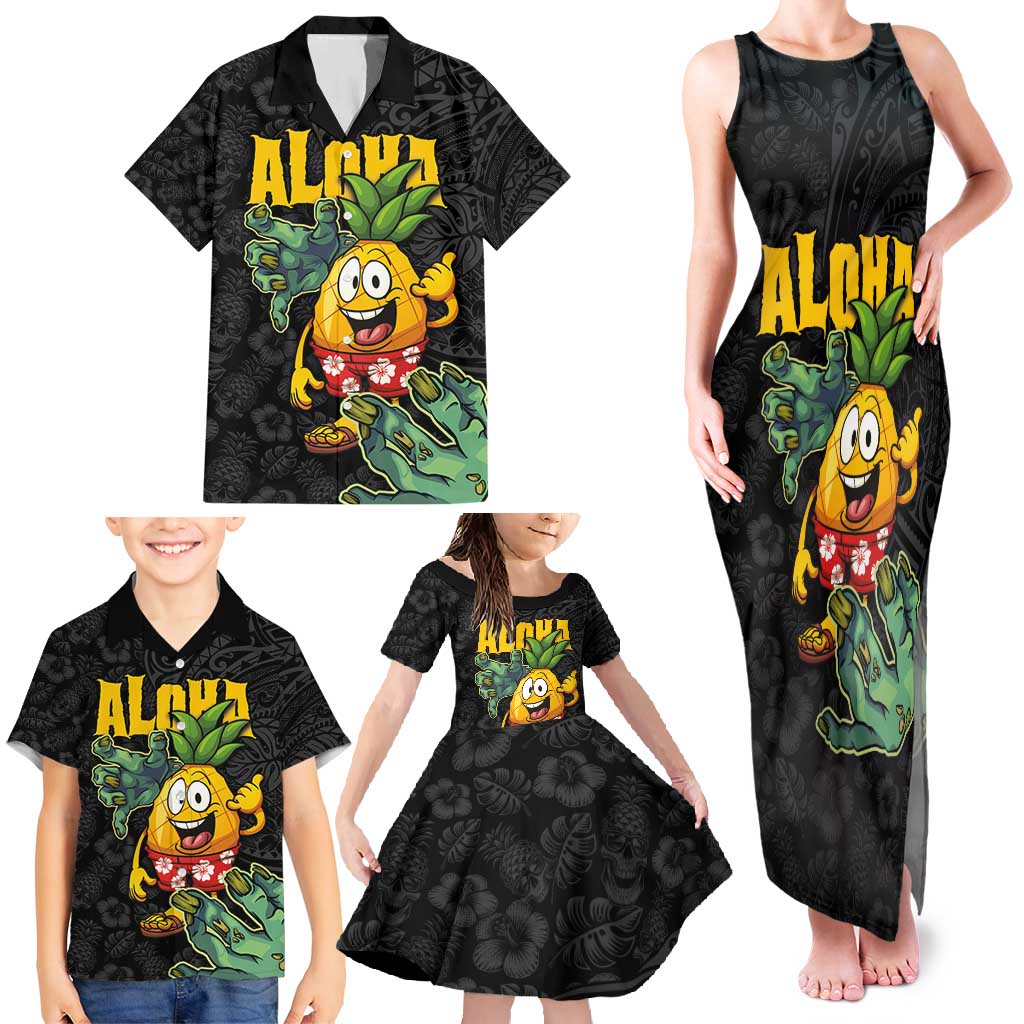 Hawaiian Halloween Family Matching Tank Maxi Dress and Hawaiian Shirt Aloha Pinapple with Mysterious Hands and Polynesian Tribal Tattoo