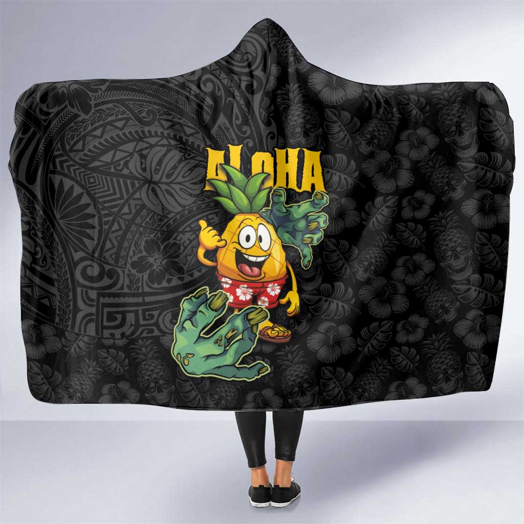 Hawaiian Halloween Hooded Blanket Aloha Pinapple with Mysterious Hands and Polynesian Tribal Tattoo