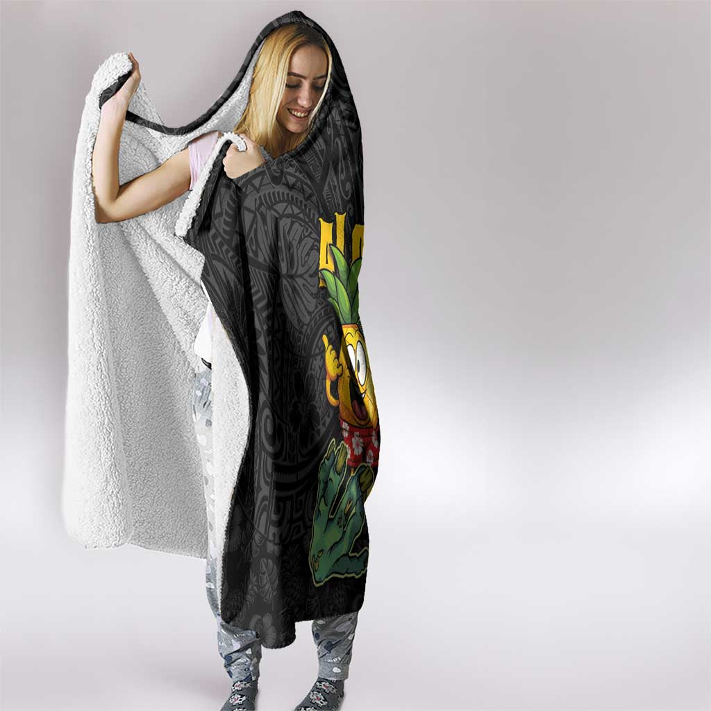 Hawaiian Halloween Hooded Blanket Aloha Pinapple with Mysterious Hands and Polynesian Tribal Tattoo