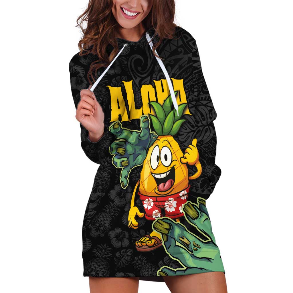 Hawaiian Halloween Hoodie Dress Aloha Pinapple with Mysterious Hands and Polynesian Tribal Tattoo