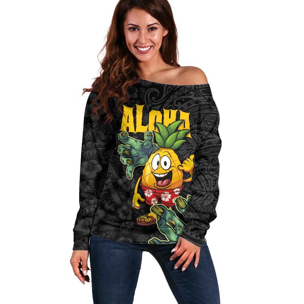 Hawaiian Halloween Off Shoulder Sweater Aloha Pinapple with Mysterious Hands and Polynesian Tribal Tattoo