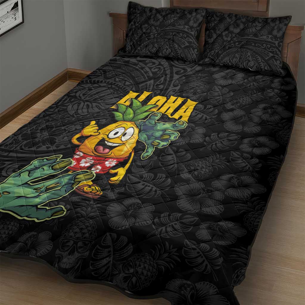 Hawaiian Halloween Quilt Bed Set Aloha Pinapple with Mysterious Hands and Polynesian Tribal Tattoo