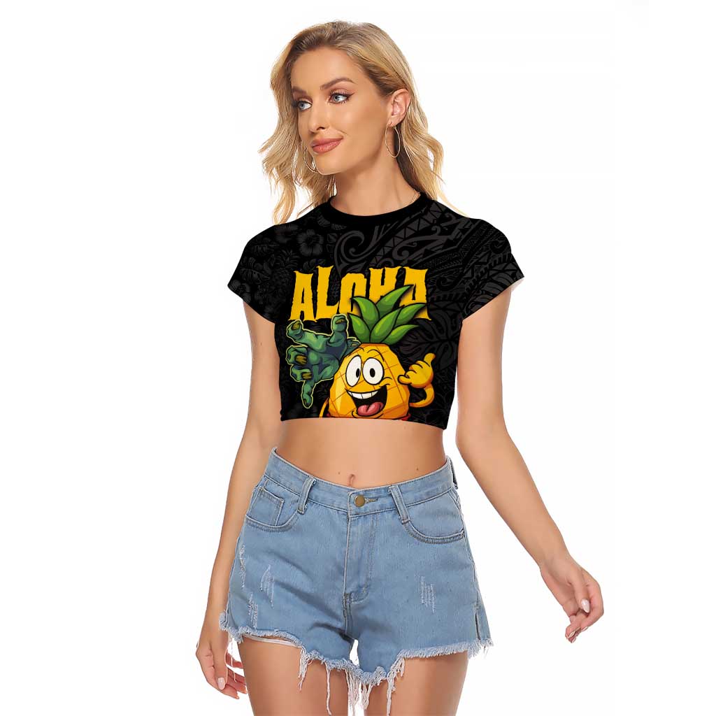 Hawaiian Halloween Raglan Cropped T Shirt Aloha Pinapple with Mysterious Hands and Polynesian Tribal Tattoo