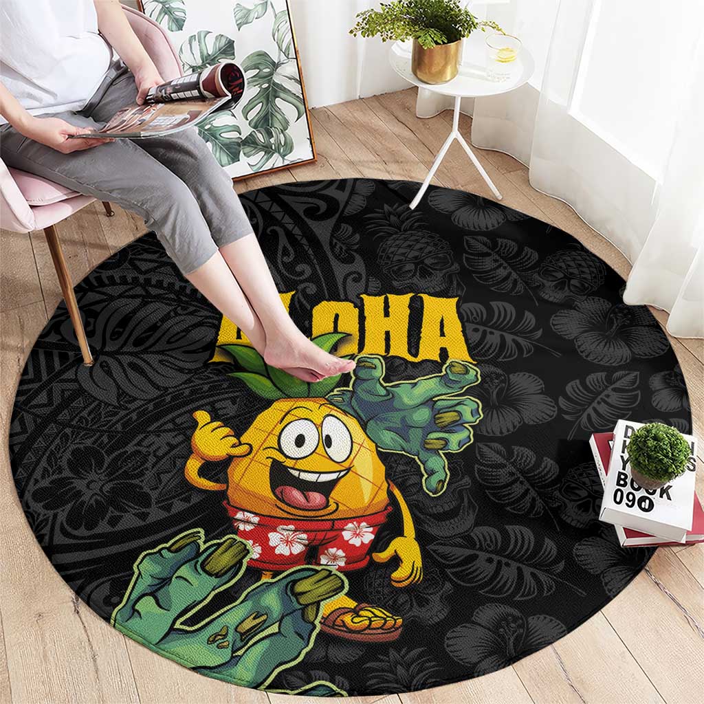 Hawaiian Halloween Round Carpet Aloha Pinapple with Mysterious Hands and Polynesian Tribal Tattoo
