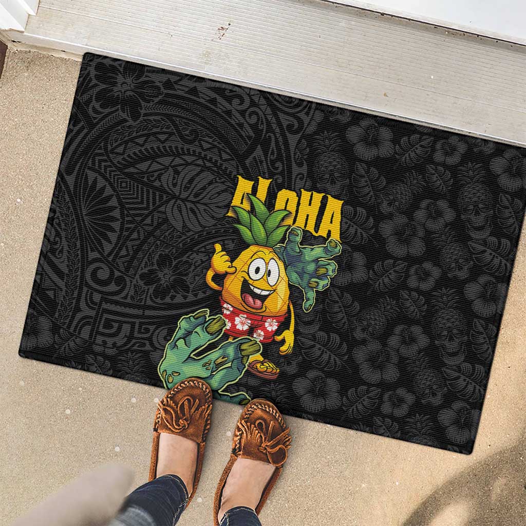 Hawaiian Halloween Rubber Doormat Aloha Pinapple with Mysterious Hands and Polynesian Tribal Tattoo