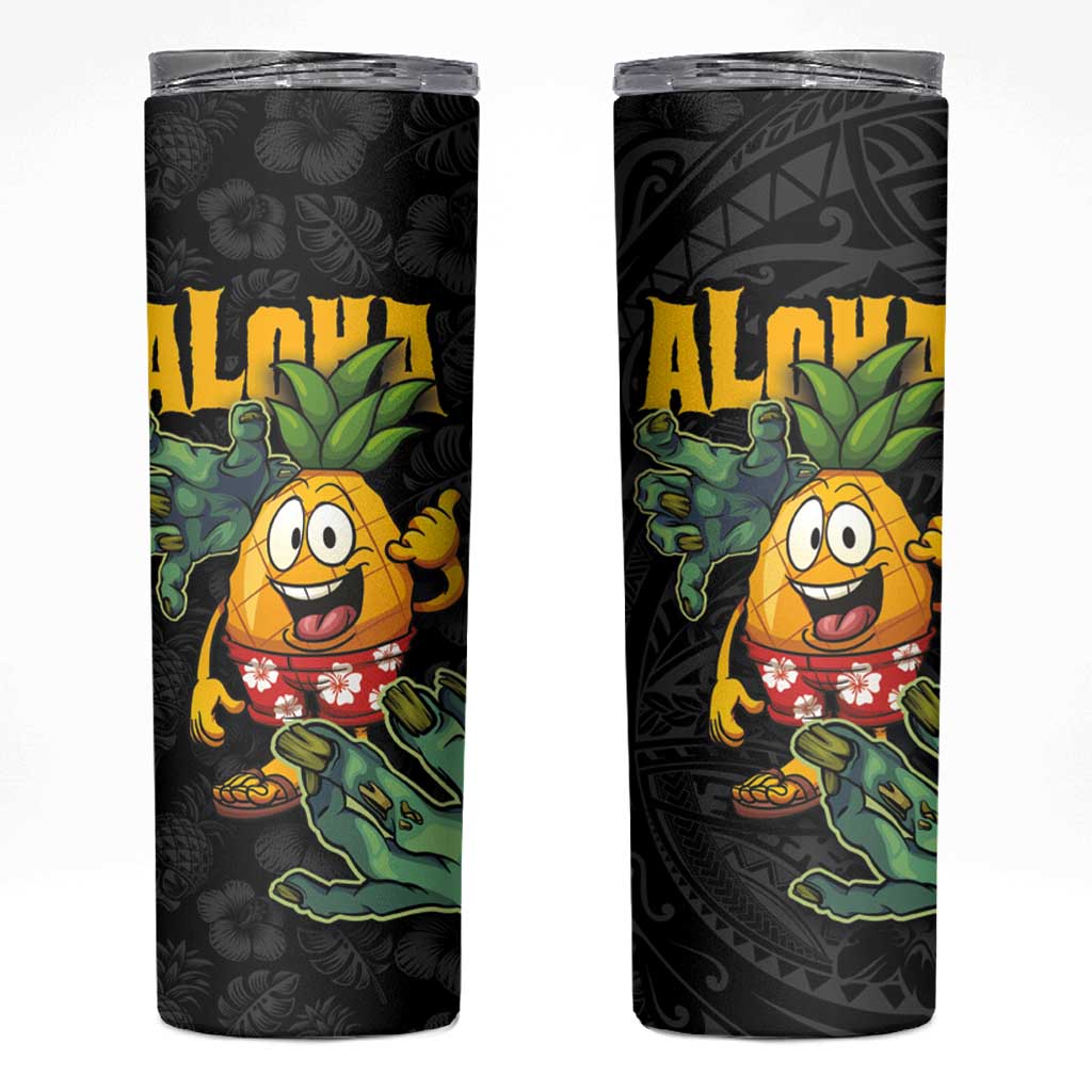 Hawaiian Halloween Skinny Tumbler Aloha Pinapple with Mysterious Hands and Polynesian Tribal Tattoo