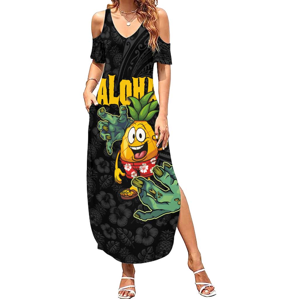 Hawaiian Halloween Summer Maxi Dress Aloha Pinapple with Mysterious Hands and Polynesian Tribal Tattoo