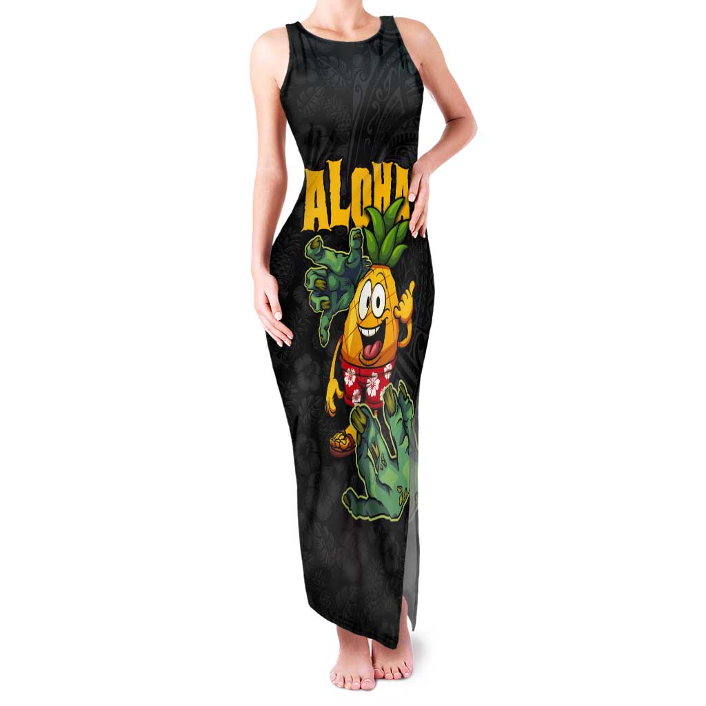 Hawaiian Halloween Tank Maxi Dress Aloha Pinapple with Mysterious Hands and Polynesian Tribal Tattoo