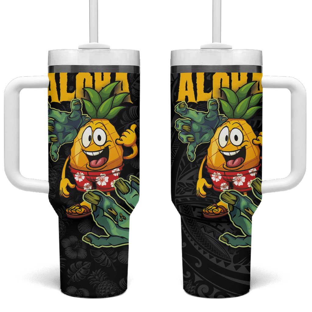 Hawaiian Halloween Tumbler With Handle Aloha Pinapple with Mysterious Hands and Polynesian Tribal Tattoo