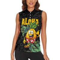 Hawaiian Halloween Women Sleeveless Polo Shirt Aloha Pinapple with Mysterious Hands and Polynesian Tribal Tattoo LT03 - Polynesian Pride