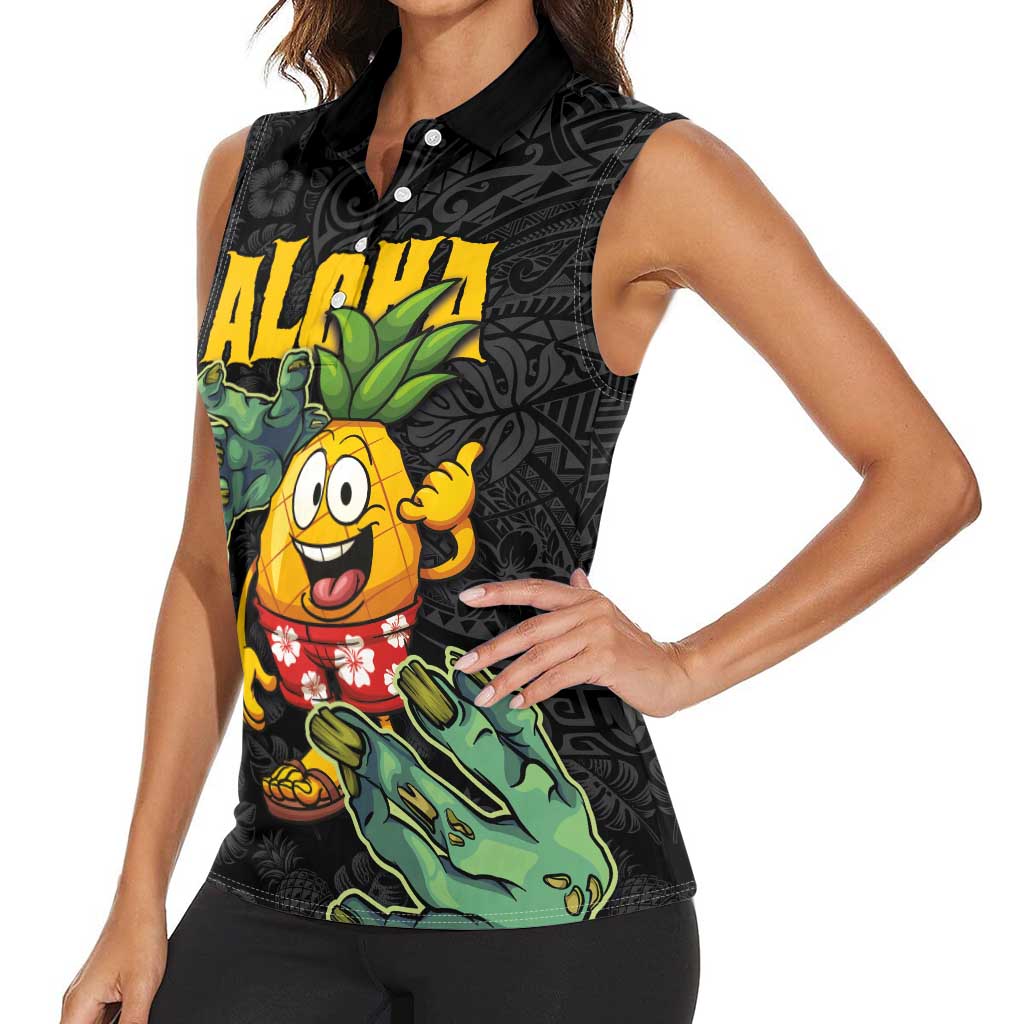 Hawaiian Halloween Women Sleeveless Polo Shirt Aloha Pinapple with Mysterious Hands and Polynesian Tribal Tattoo LT03 - Polynesian Pride