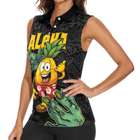 Hawaiian Halloween Women Sleeveless Polo Shirt Aloha Pinapple with Mysterious Hands and Polynesian Tribal Tattoo LT03 - Polynesian Pride
