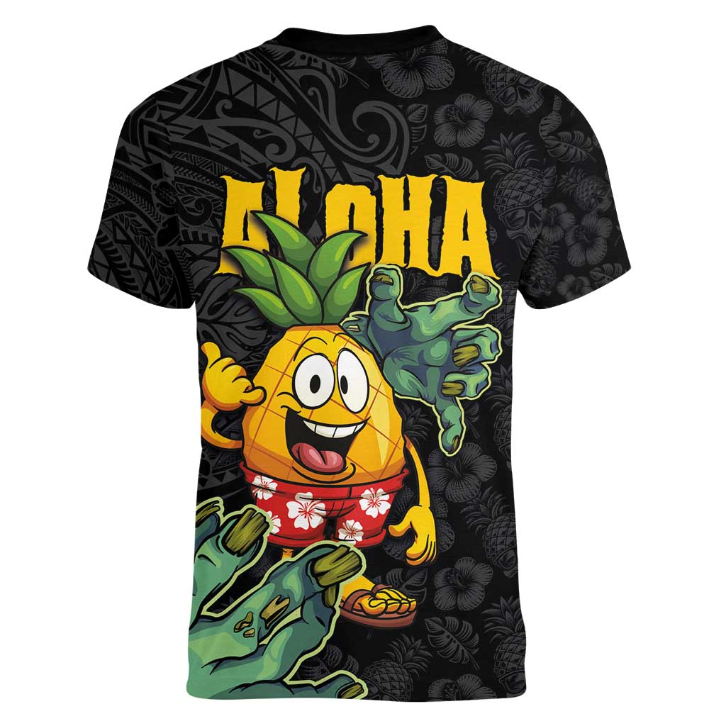 Hawaiian Halloween Women V-Neck T-Shirt Aloha Pinapple with Mysterious Hands and Polynesian Tribal Tattoo