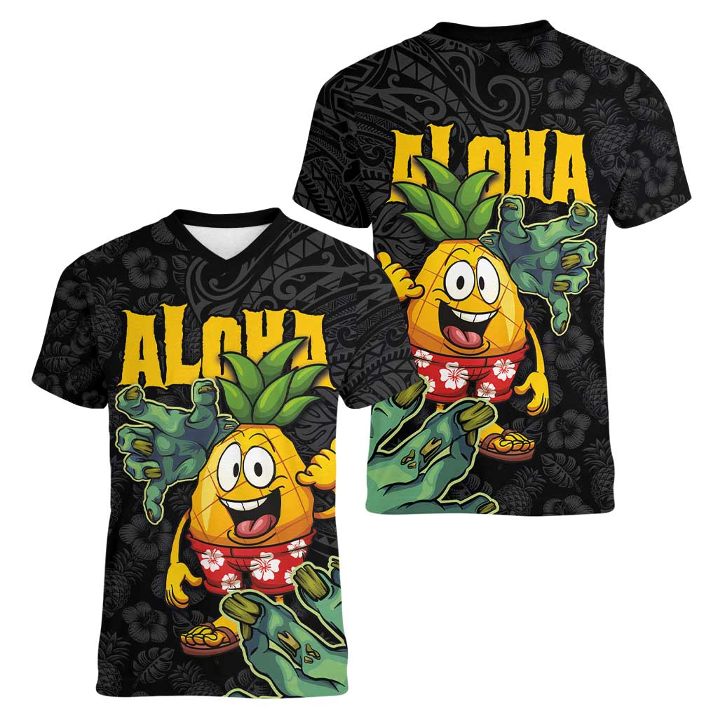 Hawaiian Halloween Women V-Neck T-Shirt Aloha Pinapple with Mysterious Hands and Polynesian Tribal Tattoo
