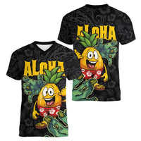 Hawaiian Halloween Women V-Neck T-Shirt Aloha Pinapple with Mysterious Hands and Polynesian Tribal Tattoo