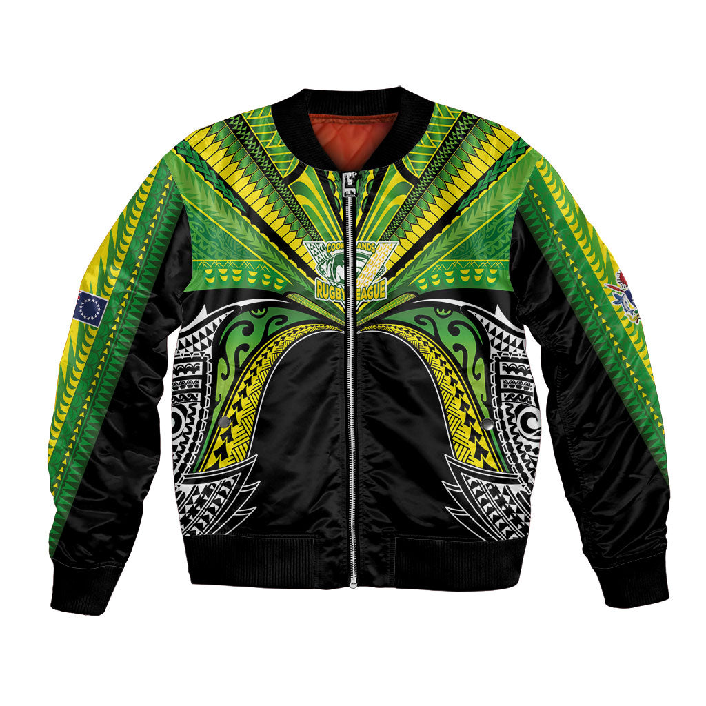 Cook Islands Rugby League Custom Bomber Jacket Polynesian and Tatau Tribal Art - Black Color