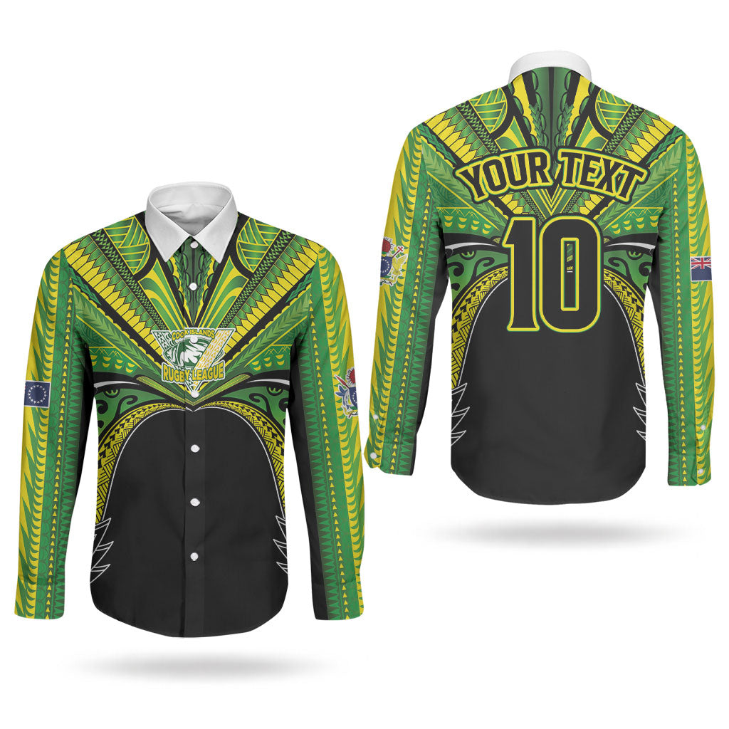 Cook Islands Rugby League Custom Couples Matching Puletasi and Long Sleeve Button Shirt Polynesian and Tatau Tribal Art - Black Color LT03 - Polynesian Pride