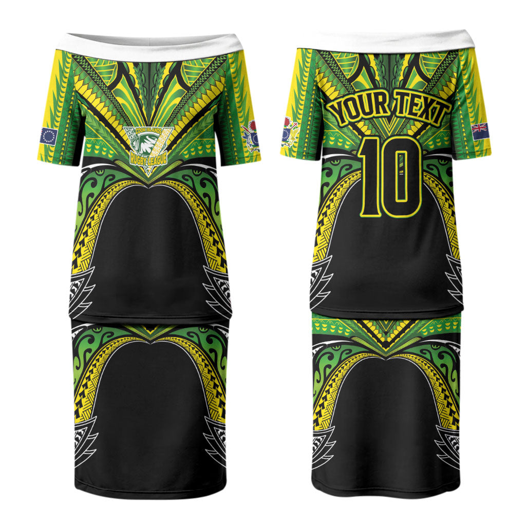 Cook Islands Rugby League Custom Couples Matching Puletasi and Long Sleeve Button Shirt Polynesian and Tatau Tribal Art - Black Color LT03 - Polynesian Pride