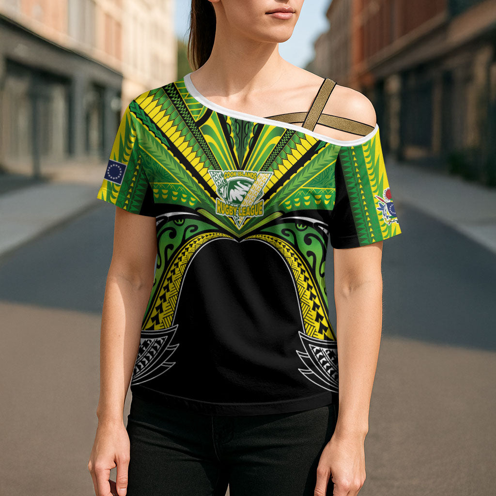 Cook Islands Rugby League Custom Cross Shoulder Shirt Polynesian and Tatau Tribal Art - Black Color LT03 - Polynesian Pride