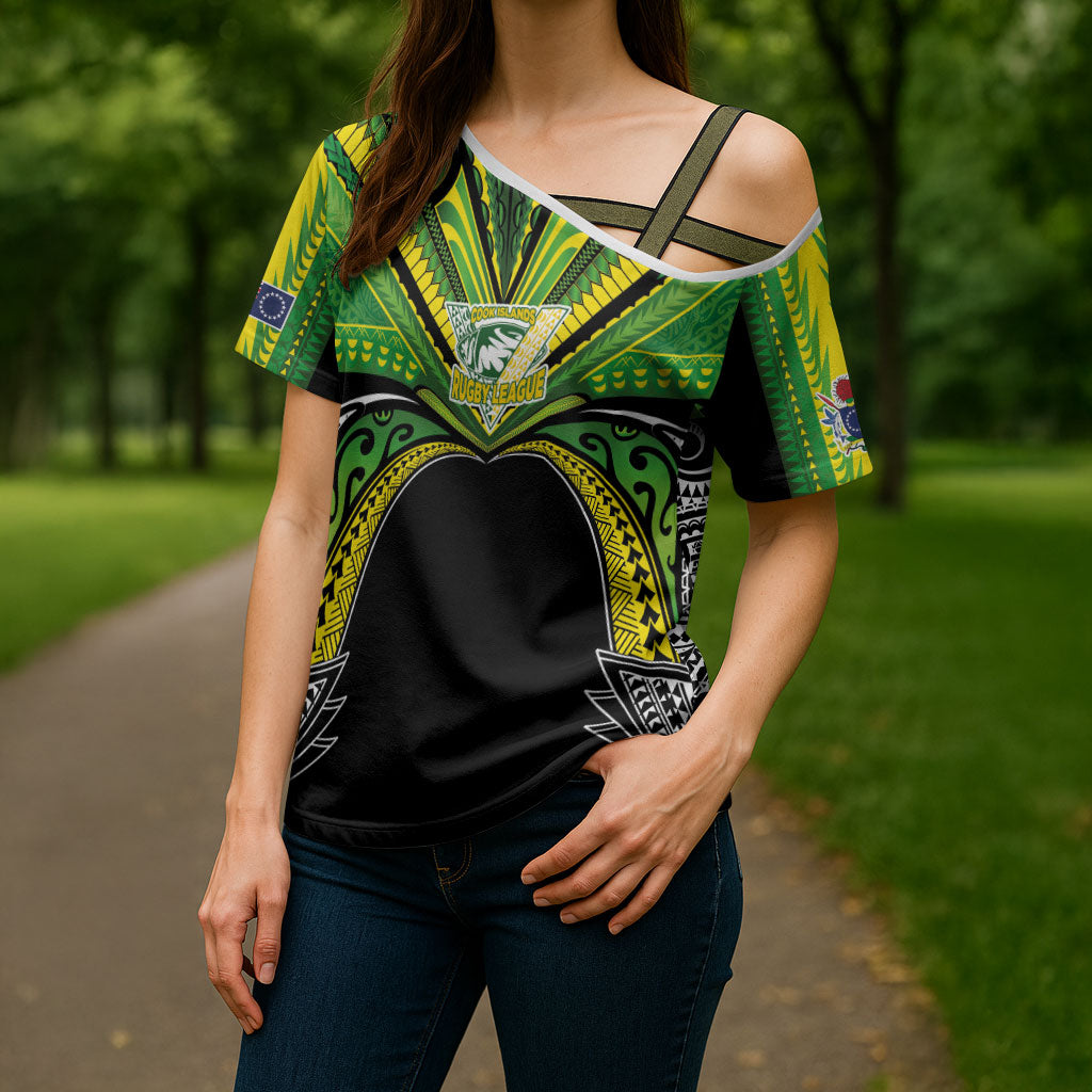 Cook Islands Rugby League Custom Cross Shoulder Shirt Polynesian and Tatau Tribal Art - Black Color LT03 - Polynesian Pride