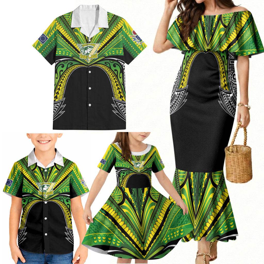 Cook Islands Rugby League Custom Family Matching Mermaid Dress and Hawaiian Shirt Polynesian and Tatau Tribal Art - Black Color