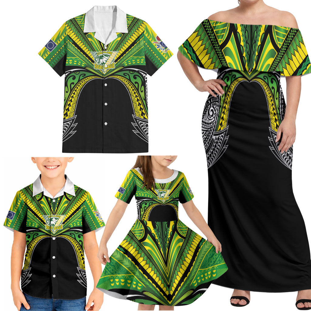 Cook Islands Rugby League Custom Family Matching Off Shoulder Maxi Dress and Hawaiian Shirt Polynesian and Tatau Tribal Art - Black Color